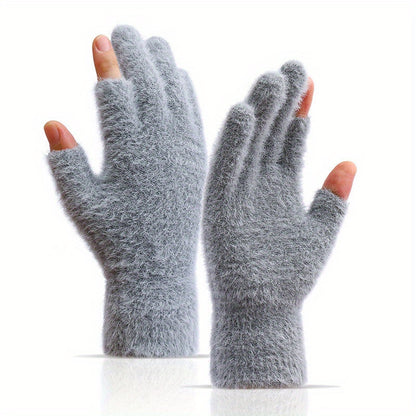 Plus Velvet Thickened Warm Gloves - Soft, Open Fingers Design for Convenient Touch Screen, Coldproof, and Comfortable Writing Experience for Women in Winter