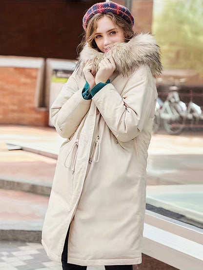 Faux Fur Trim Hooded Parka Jacket, Long Sleeve Drawstring Coat For Winter, Women's Clothing