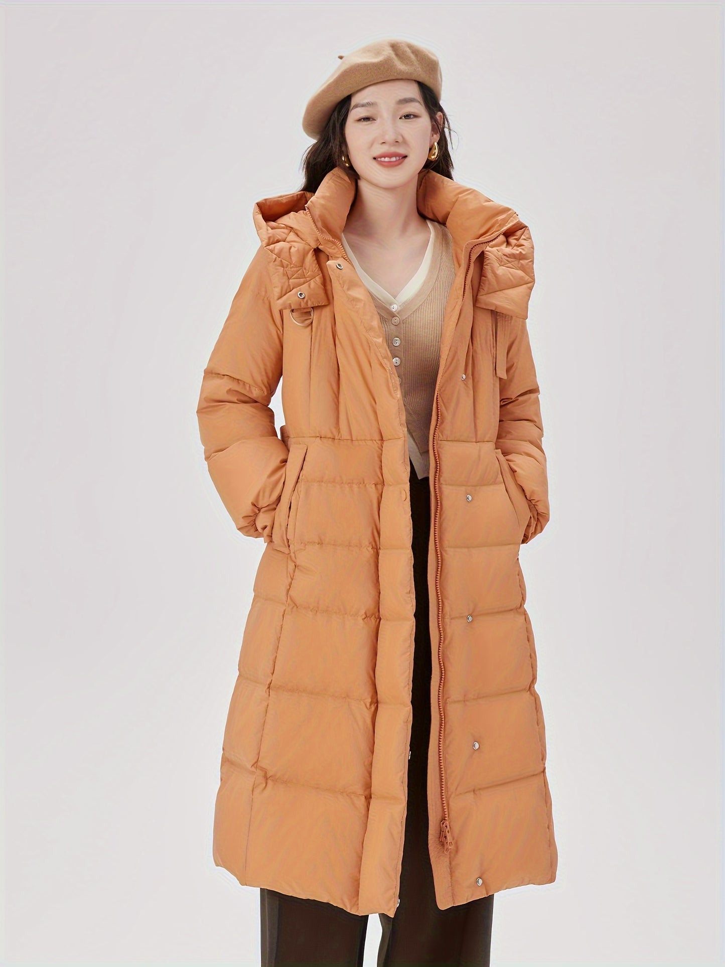 Mid Length Hooded Warm Coat, Elegant Long Sleeve Winter Outerwear, Women's Clothing