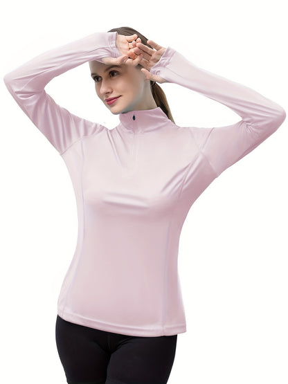 Womens Stylish Solid 1/4 Zipper Rash Guard Top - Sun-Protective Long Sleeveless, Ultra-Quick Drying for Outdoor Sports - Fashionable Water Sports Clothing