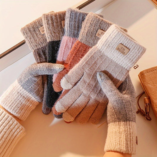 1 Pair of Cozy Two-Tone Winter Knitted Full Finger Gloves - Warm, Letter Patched, Soft, and Stretchy for Womens Cold Weather Protection - Perfect for Outdoor Activities