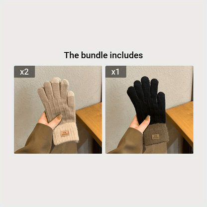 1 Pair of Cozy Two-Tone Winter Knitted Full Finger Gloves - Warm, Letter Patched, Soft, and Stretchy for Womens Cold Weather Protection - Perfect for Outdoor Activities