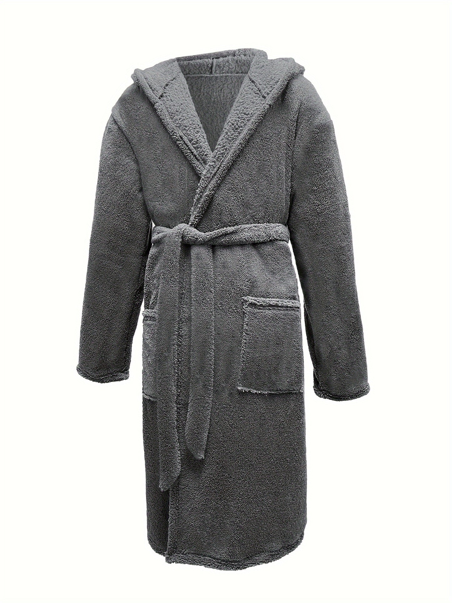 Men's Comfy Loose Solid Fleece Robe Home Pajamas Wear With Pocket One-piece Lace Up Kimono Night-robe Warm Sets After Bath