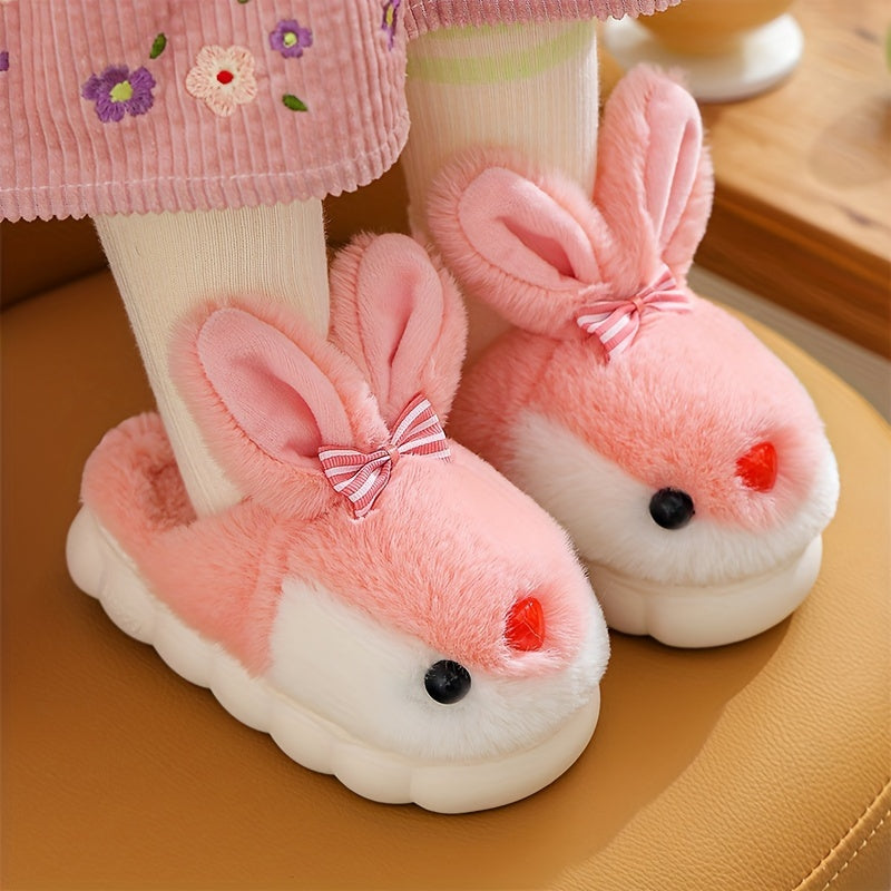 Cute Cartoon Rabbit Plush Slippers for Boys and Girls - Casual Street Style Animal Print Footwear with Bow Detail, Warm Fabric Lined Indoor House Shoes for Toddlers and Kids - Non-Slip PVC Sole, Comfortable Round Toe - Ideal for Daily Casual Wear, All Sea