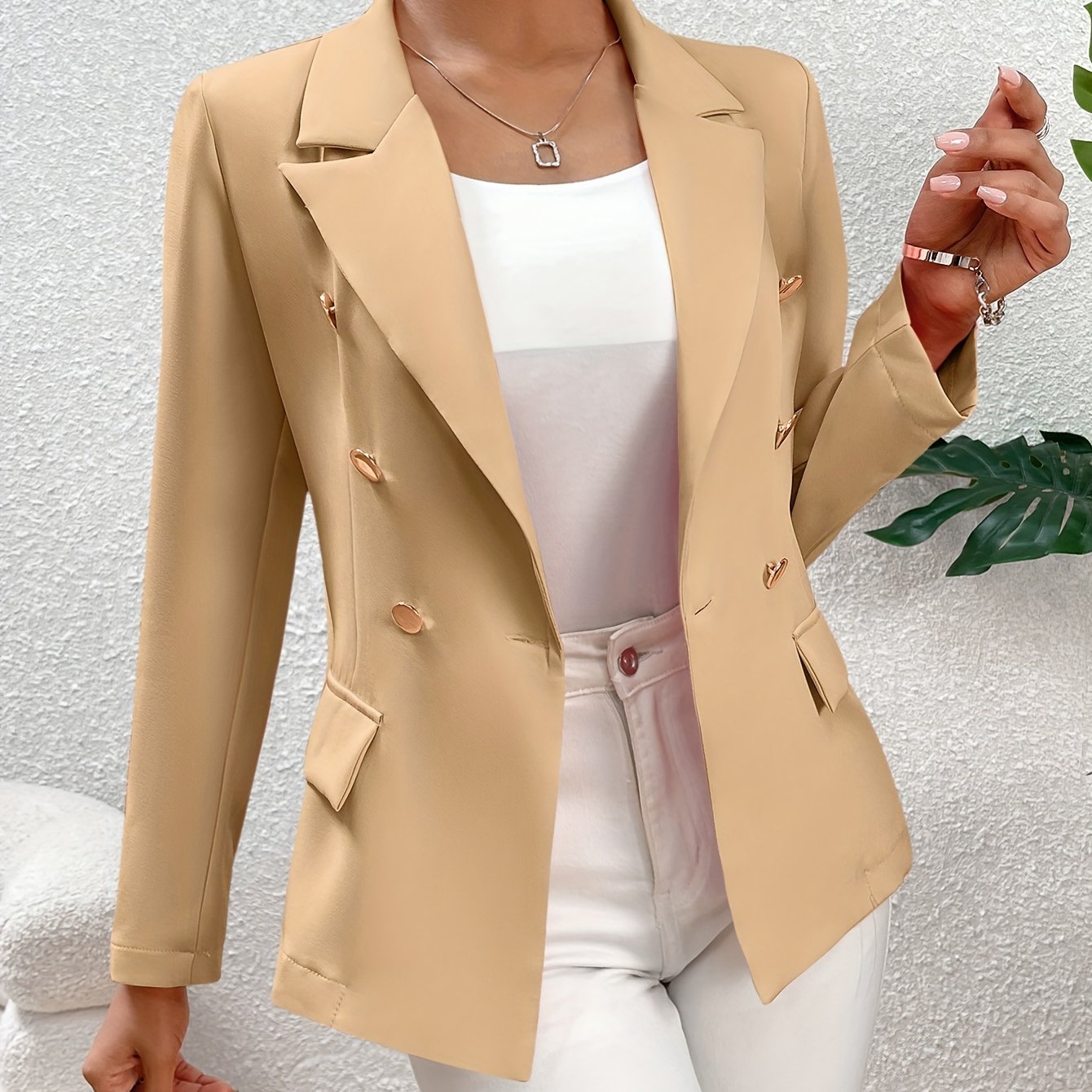 Long Sleeve Elegant Solid Color Double Breasted Blazer - Micro Elasticity, Polyester Material, Regular Length, No Belt, Button Details - Perfect for Spring & Fall, Womens Clothing