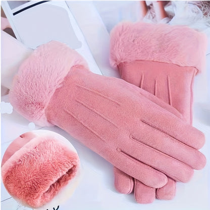 Simple Plush Cuff Suede Gloves Solid Color Plus Velvet Thickened Warm Gloves Women's Autumn Winter Windproof Coldproof Gloves