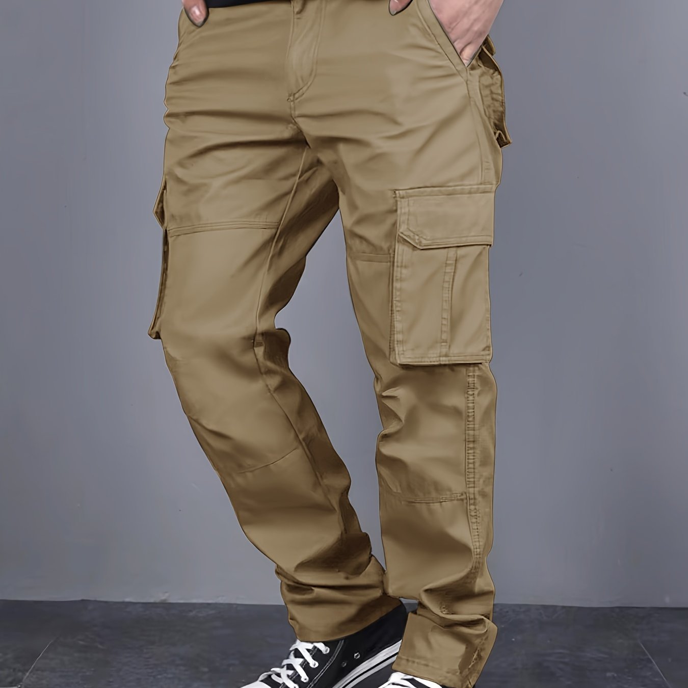 Mens Loose Fit Solid Color Cargo Pants - Multi-Pocket Drawstring Trousers for Weekend Casual - Polyester, Non-Stretch, Mid Waist, Regular Length, Hand Washable