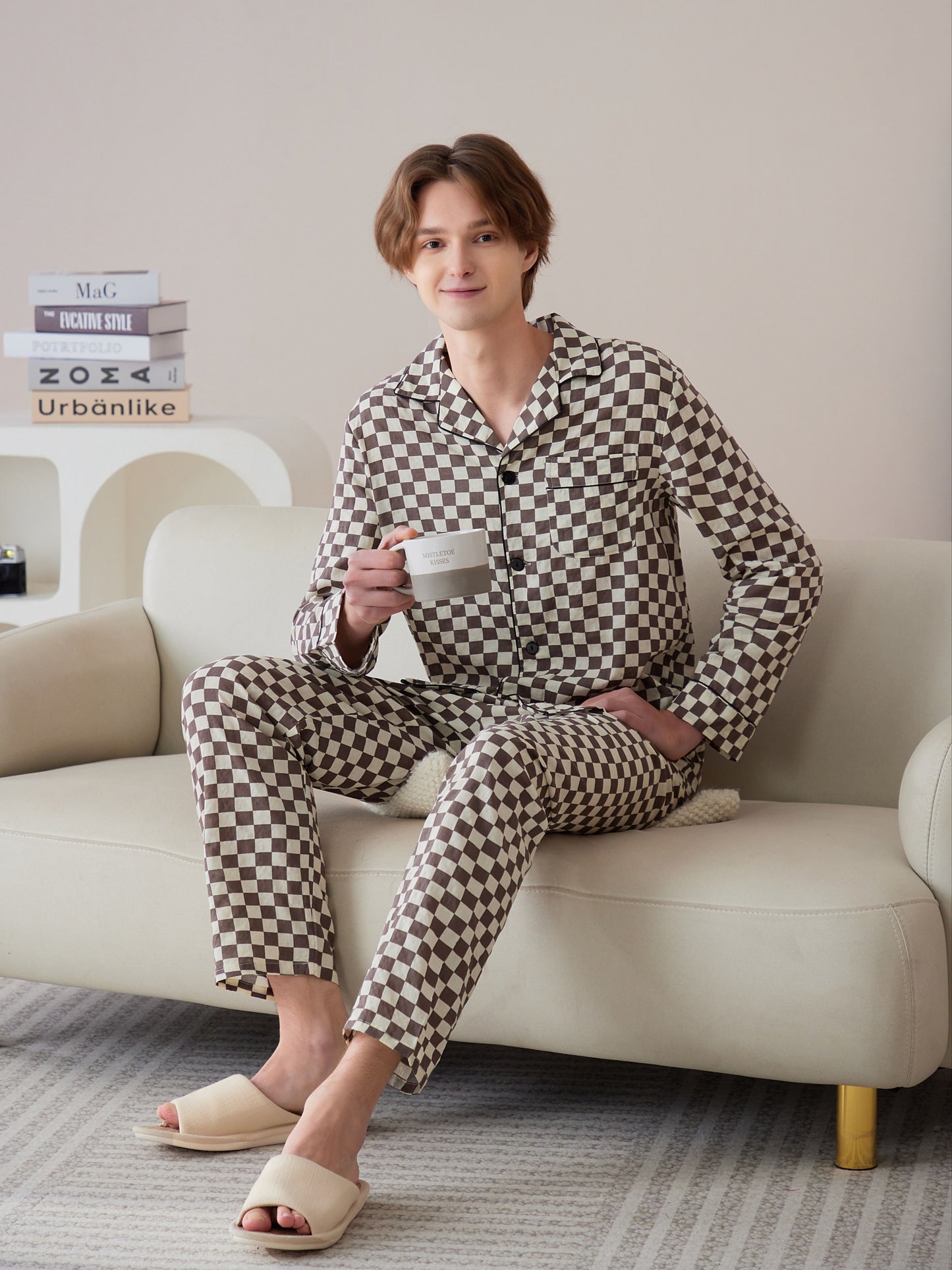 Men's Casual Plaid Pajamas Sets, Long Sleeve Lapel Neck Shirt & Loose Pants Lounge Wear, Home Indoor Sets For Winter Autumn