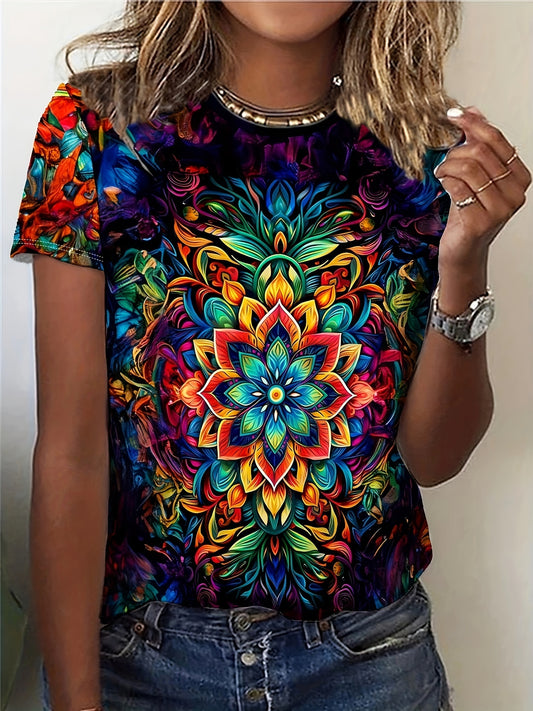 Vibrant Floral Print Crew Neck T-Shirt - Soft Mid-Elasticity Polyester Fabric, Casual Short Sleeve Top for Spring, Summer, and Fall - Machine Washable, Regular Length, Knit Fabric, All Over Positioning Print