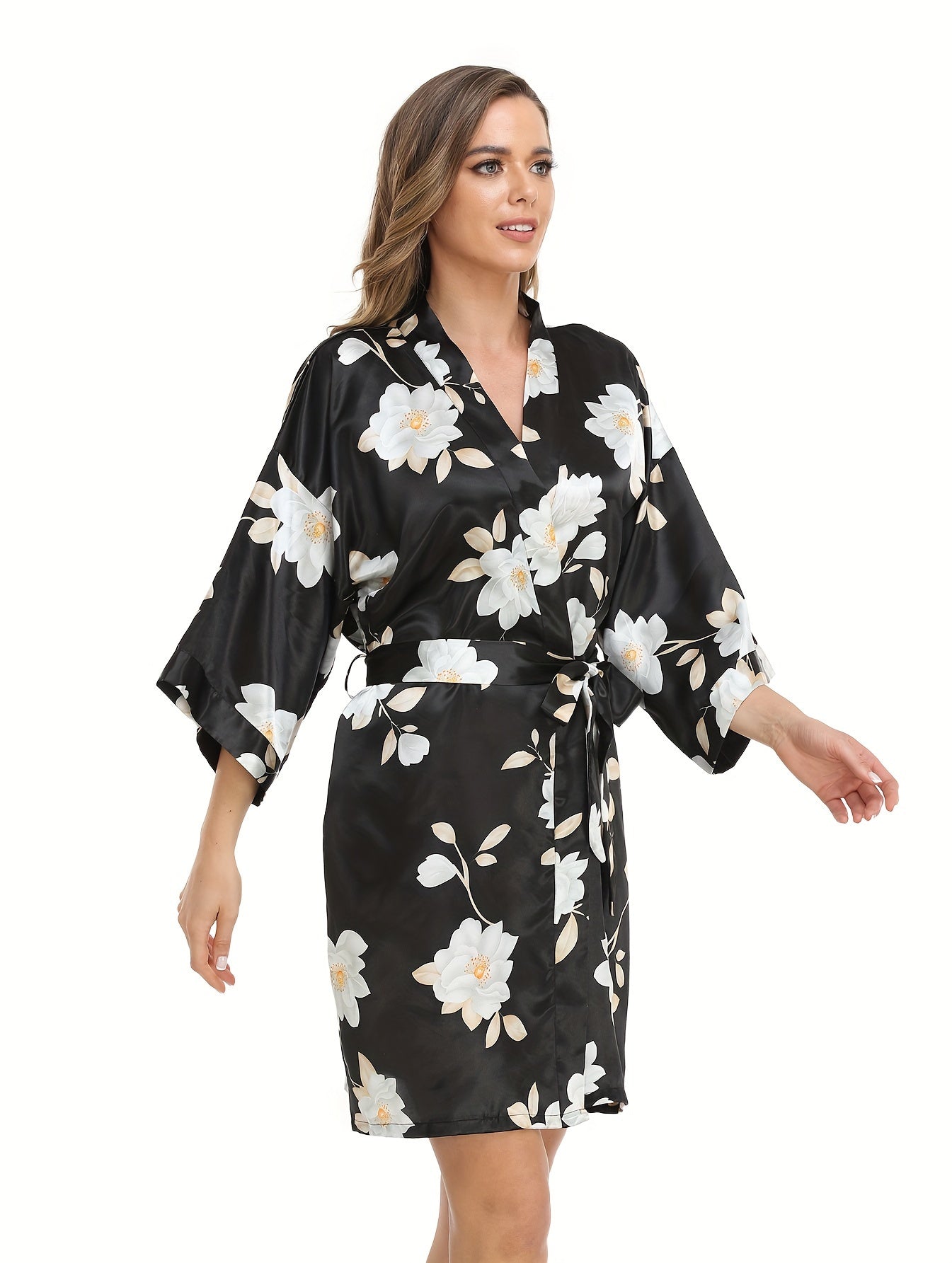 Romantic Floral Satin Kimono Robe - Luxurious Three-Quarter Sleeve V-Neck Sleepwear with Belted Waist for Women - Elegant Nighttime Elegance