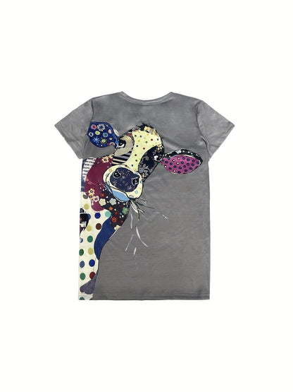 Chic Cow Print Womens T-shirt - Soft Crew Neck Short Sleeve Top - Fashionable & Casual Everyday Wear