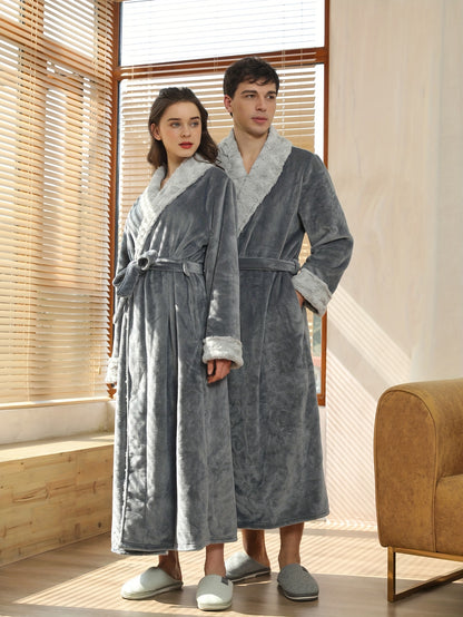 Men's Comfy Solid Fleece Robe Lapel Collar Home Pajamas Wear With Pocket One-piece Lace Up Kimono Night-robe Warm Sets After Bath