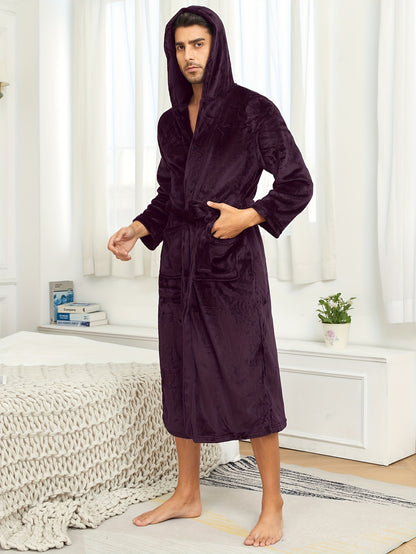 Ultra-Soft Flannel Double Layer Hooded Bathrobe for Men - Robes with Breathable Comfy Solid Color Design, Adjustable Belt, and Pajamas-Perfect Night-robe Set for Relaxation After a Bath