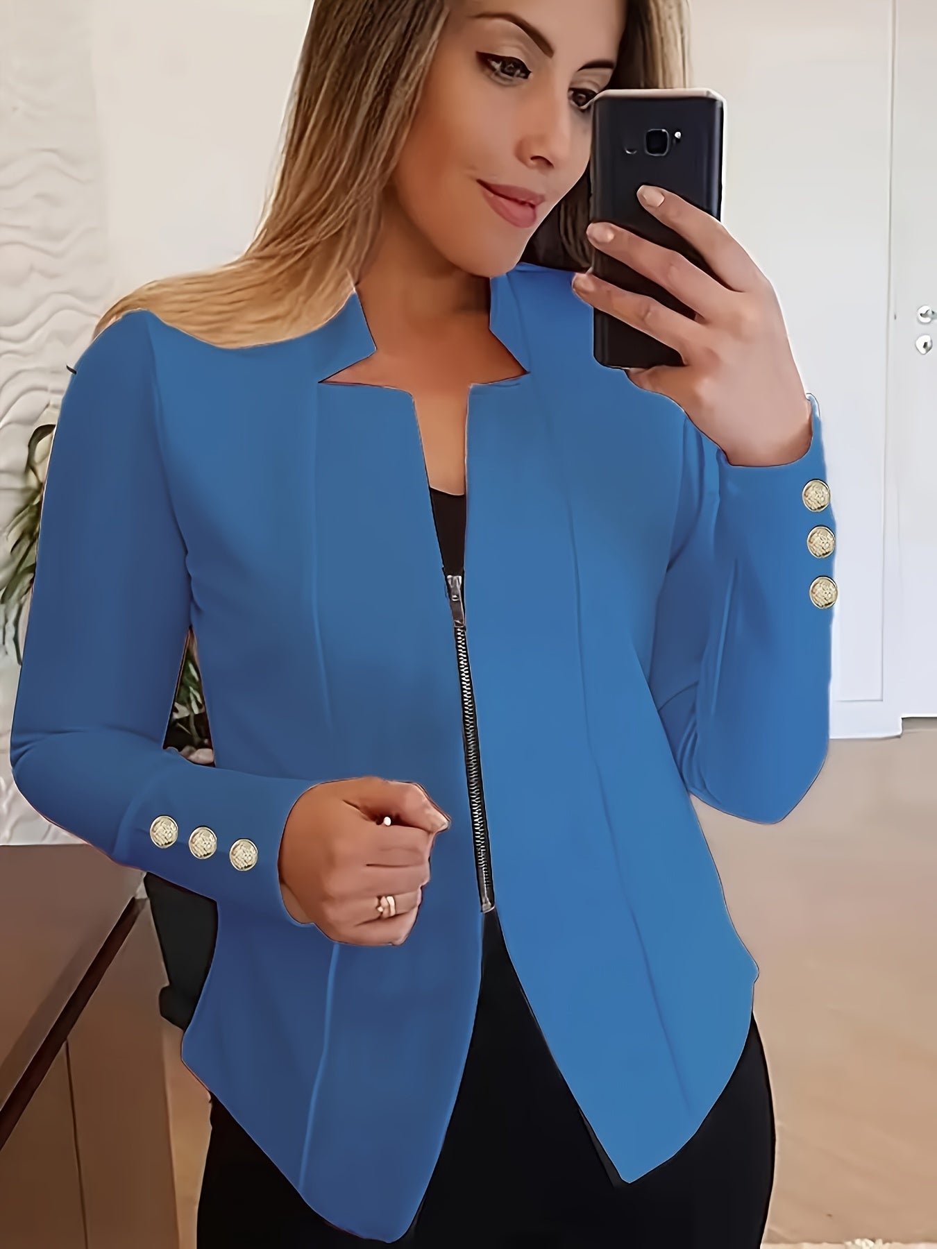 Fashionable Womens Solid Zip-Up Jacket with Button Detail - Comfy Long Sleeves, Casual Style - Premium Clothing Wardrobe Staple