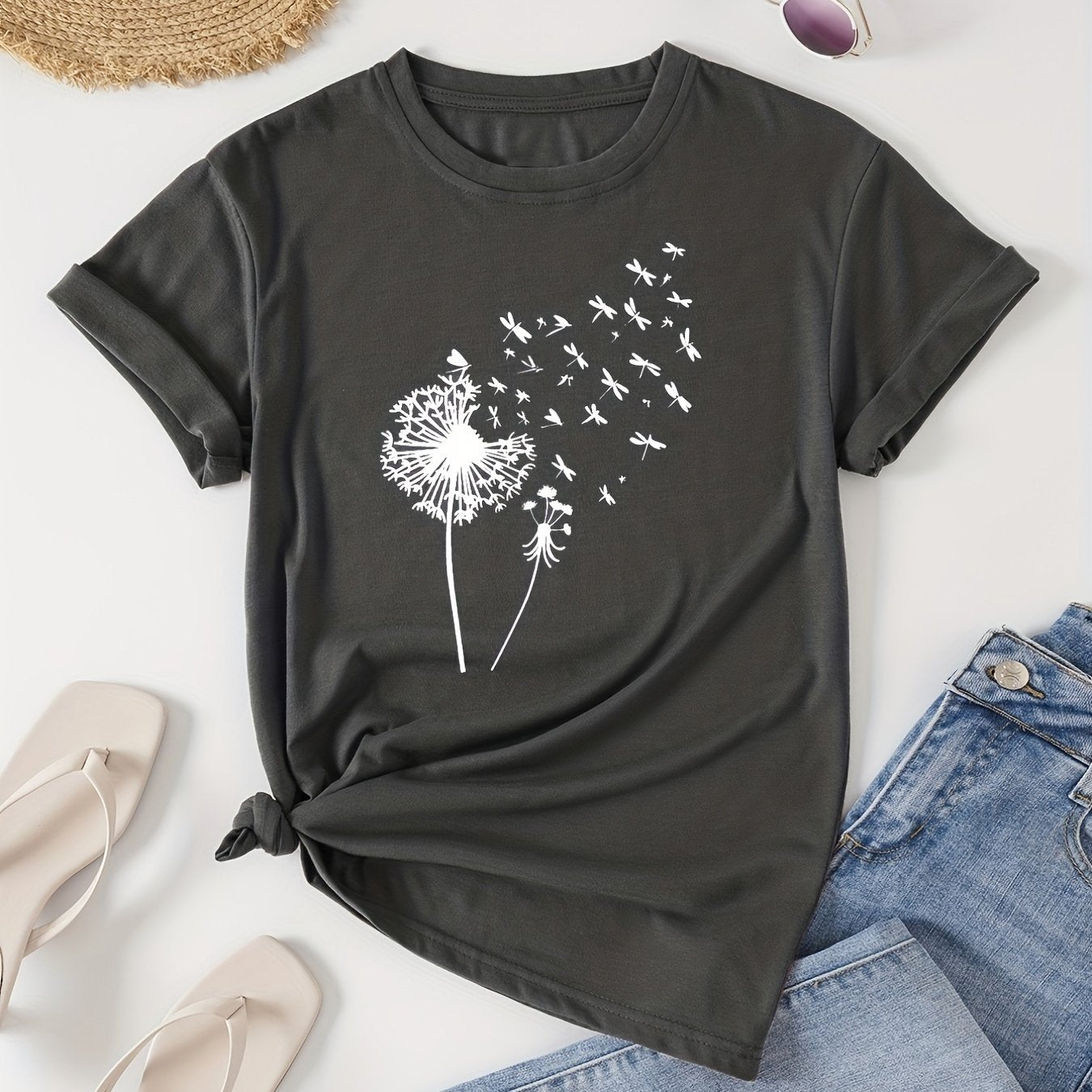 Vibrant Dandelion Print Crew Neck T-Shirt - Soft Micro Elasticity Polyester Fabric, Casual Short Sleeve Top for Spring & Summer, Womens Regular Fit Clothing with Random Plant Pattern