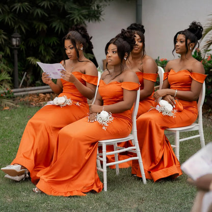 South African Orange Junior Bridesmaid Dresses Mermaid Elastic Satin Sweep Train Maid of Honor Dresses Bride Gowns for Nigeria Black Women Girls Marriage BR117