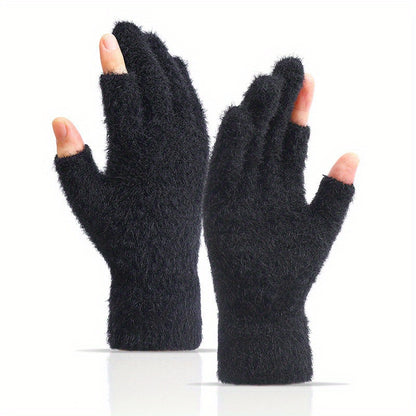 Plus Velvet Thickened Warm Gloves - Soft, Open Fingers Design for Convenient Touch Screen, Coldproof, and Comfortable Writing Experience for Women in Winter