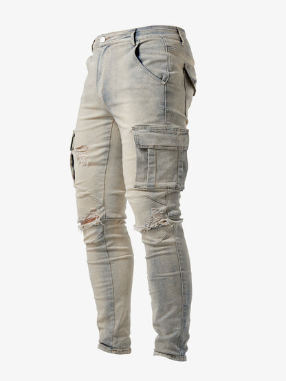 Men's Slim Fit Cargo Jeans - High Stretch Denim Pants with Multiple Pockets for Casual Street Style in Spring and Summer