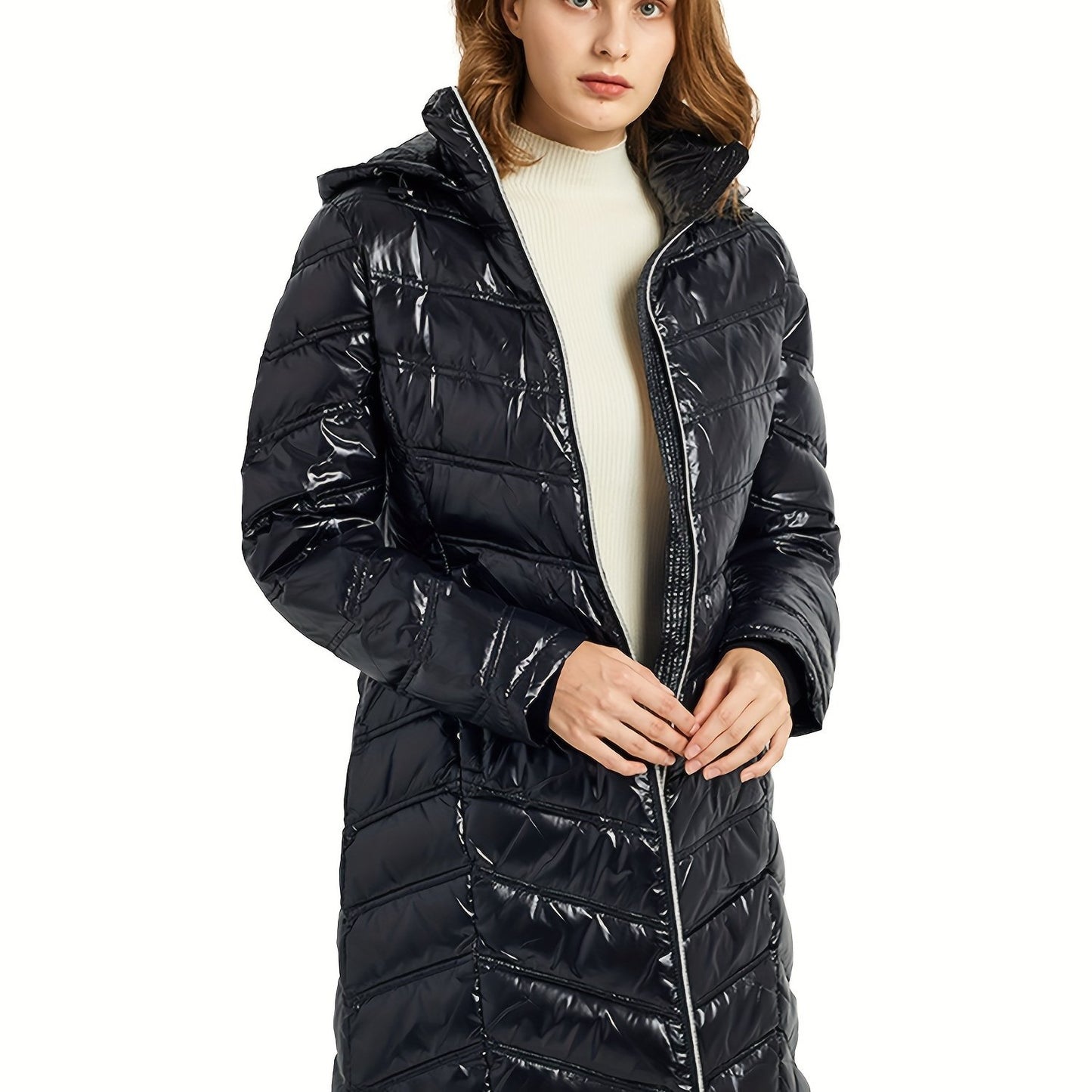 Ultra-Warm Women's Quilted Long Down Coat - Shiny Hooded Puffer Jacket with Water-Resistant Fabric, Adjustable cuffs, and Faux Fur Trim - Perfect for Cold Winter Days and Outdoor Activities