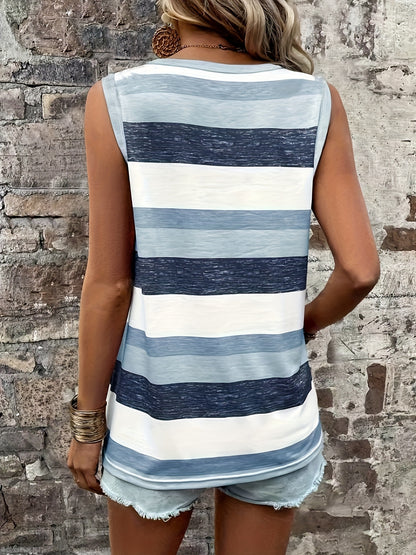 Striped Print Crew Neck Tank Top, Casual Sleeveless Patched Pocket Tank Top For Spring & Summer, Women's Clothing