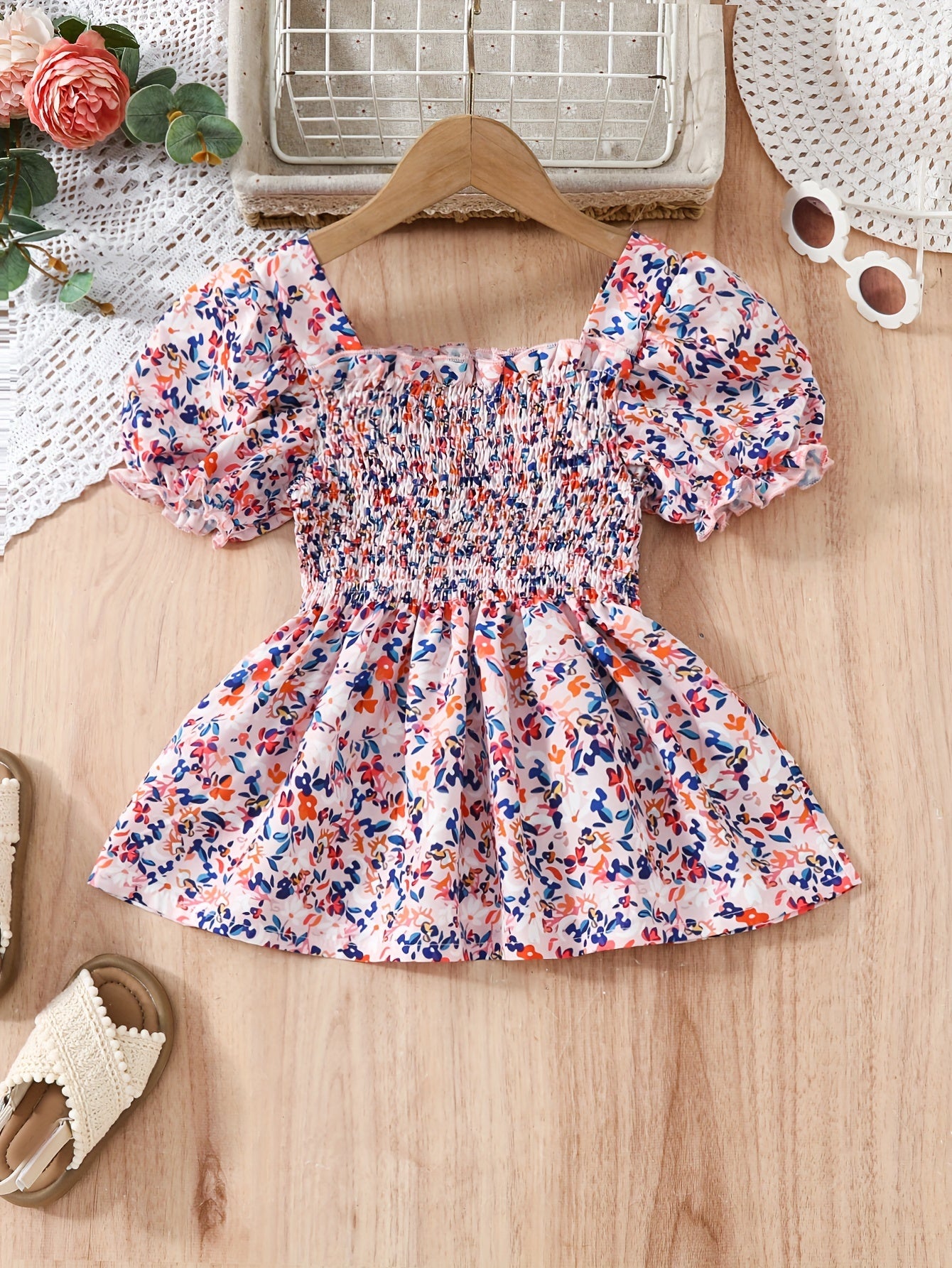 Spring Chic Floral Peplum Blouse for Girls - Elegant Puff Sleeve & Square Neck Top, Easy-care