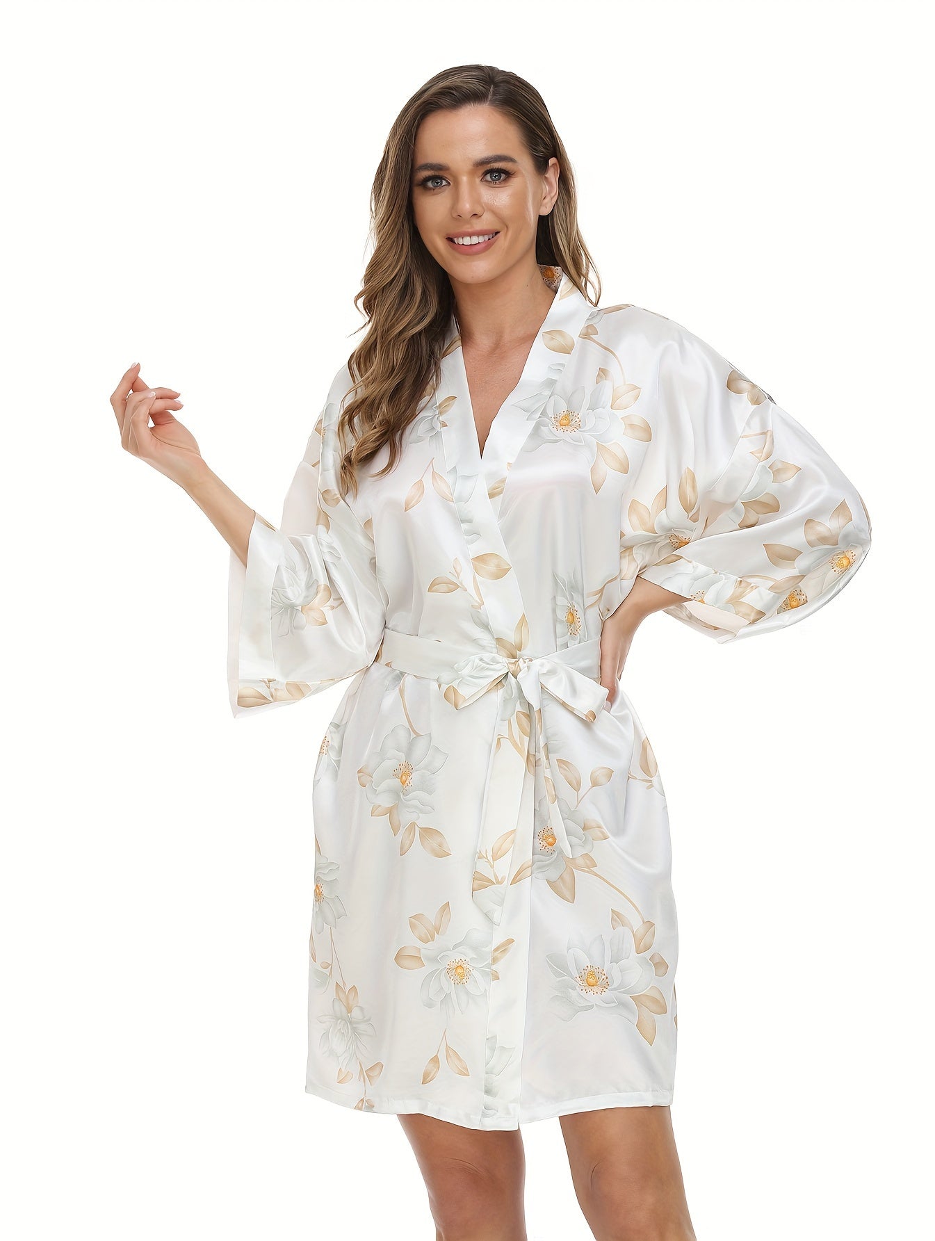 Romantic Floral Satin Kimono Robe - Luxurious Three-Quarter Sleeve V-Neck Sleepwear with Belted Waist for Women - Elegant Nighttime Elegance