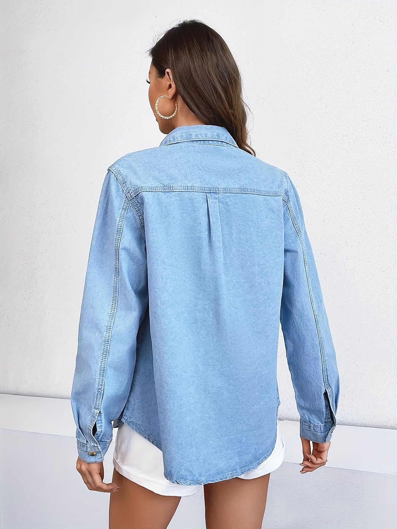 Plain Washed Single-breasted Denim Shirt Top, Long Sleeve Lapel Flap Pocket Casual Denim Shirts, Women's Denim Jeans & Clothing