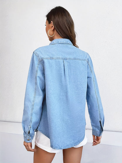 Plain Washed Single-breasted Denim Shirt Top, Long Sleeve Lapel Flap Pocket Casual Denim Shirts, Women's Denim Jeans & Clothing