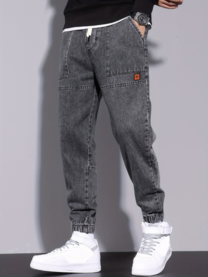 Men's Solid Denim Joggers With Pockets, Casual Cotton Blend Jeans For Outdoor Activities Gift