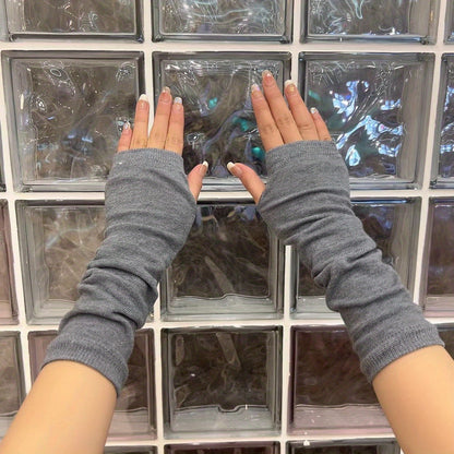 Knit Fingerless Long Gloves, Winter Warm Knitted Gloves For Women