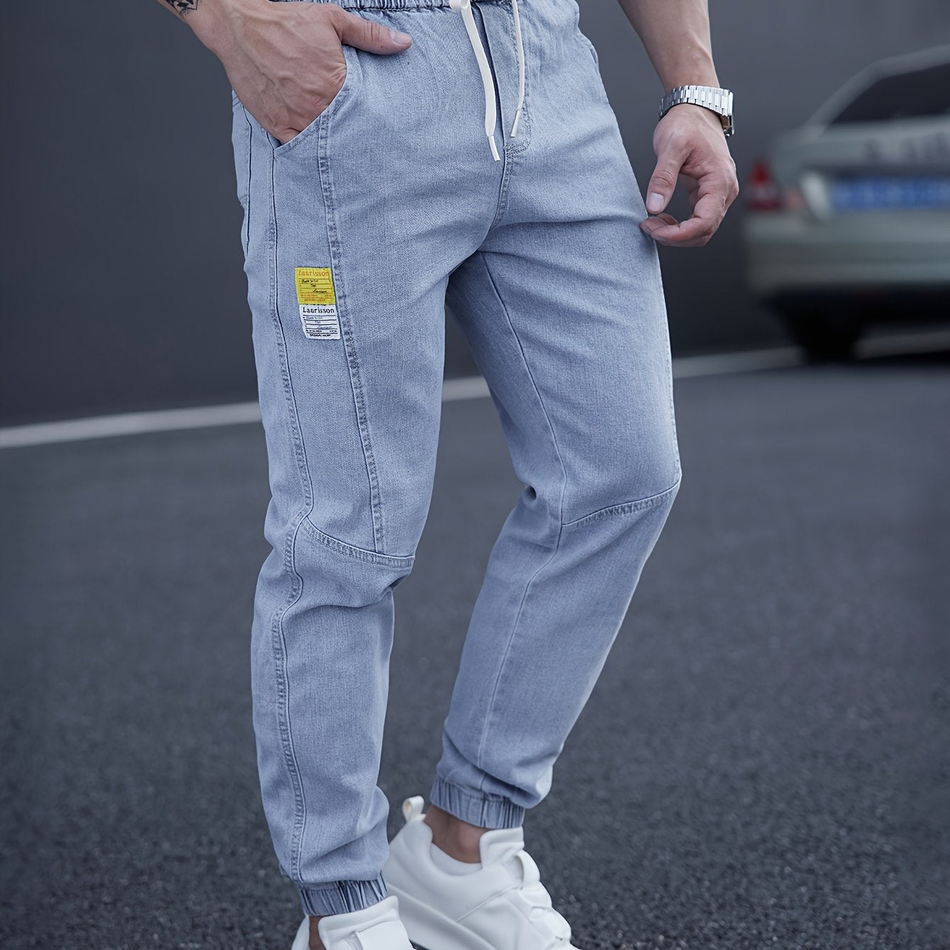 Men's Casual Tapered Jeans with Adjustable Drawstring Waist for Comfortable Street Style