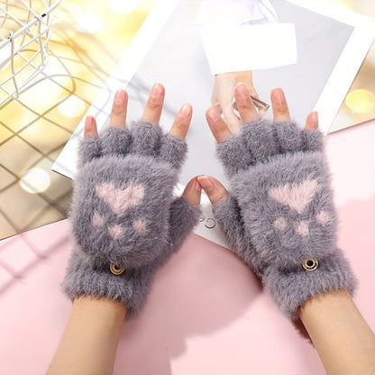 Cute Cat Paw Fuzzy Lined Mitten Gloves - Soft, Warm, Flip-Up, Fingerless, Winter Gloves with Aesthetic Design