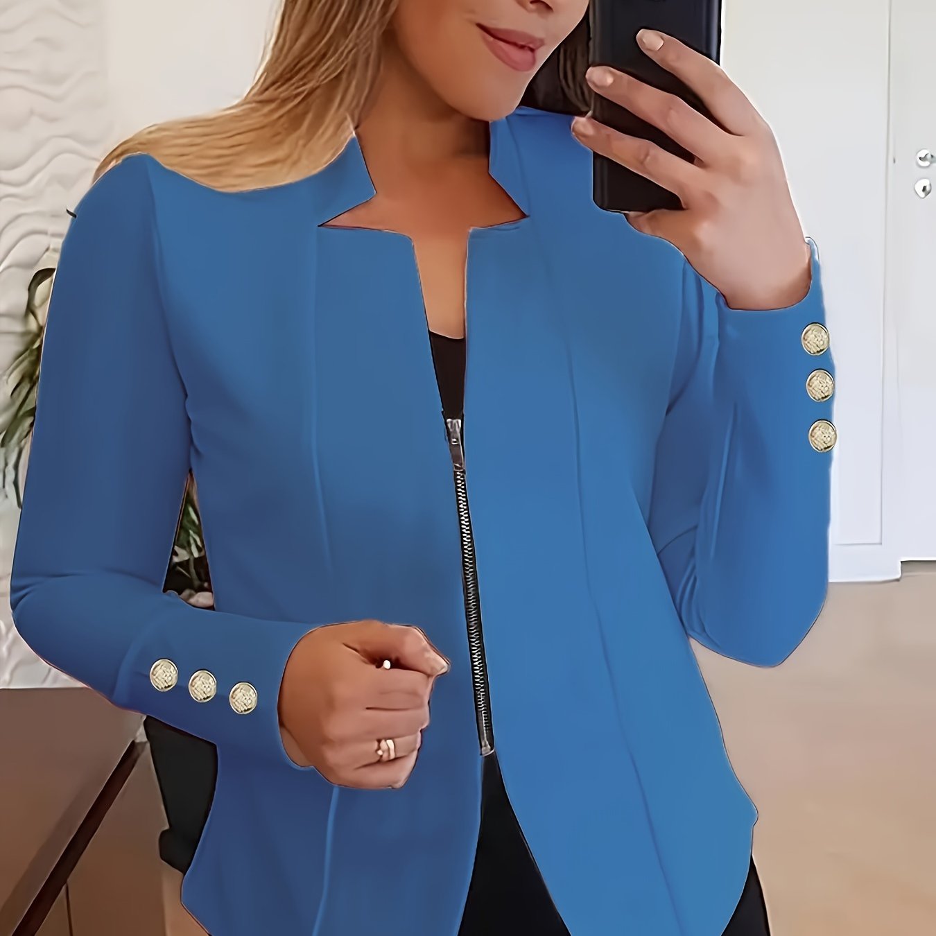 Fashionable Womens Solid Zip-Up Jacket with Button Detail - Comfy Long Sleeves, Casual Style - Premium Clothing Wardrobe Staple