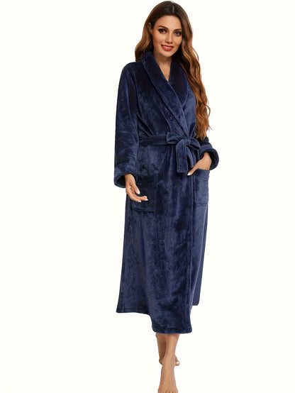 Solid Fuzzy Night Robe, Long Sleeve Robe With Belt & Pockets, Women's Sleepwear