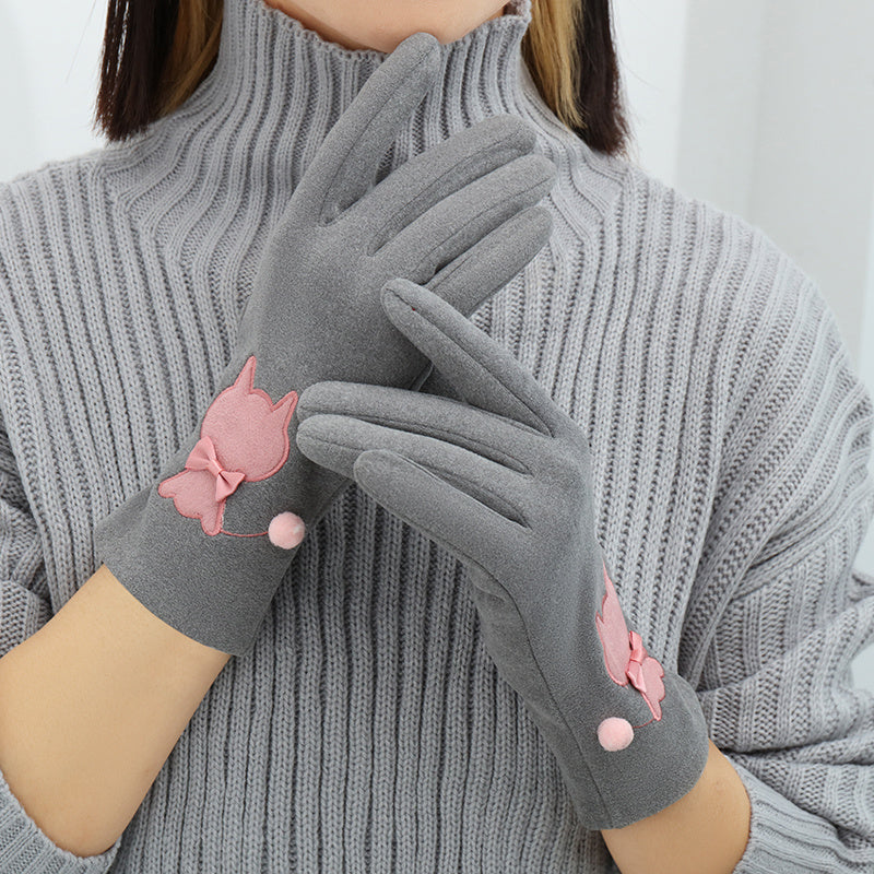 Cute Cat Embroidered Velvet Gloves Velvet Warm And Coldproof Split Finger Gloves For Women's Winter