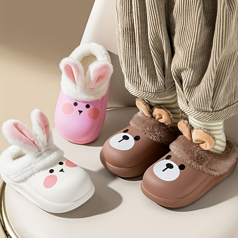 Children's Cute Cartoon Bunny & Bear Slip-On Slippers - Cozy Warm Fabric-Lined Non-Slip Waterproof Rubber Sole Slippers for Boys Under 14 - XLML1968 Kids Plush Cotton Winter Indoor Footwear