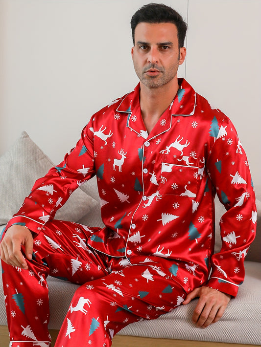 2 Pcs Men's Trendy Christmas Tree Deer Print Lapel Long Sleeve & Trousers Pajama Set, Comfortable & Skin-friendly Style Men's Cozy Loungewear