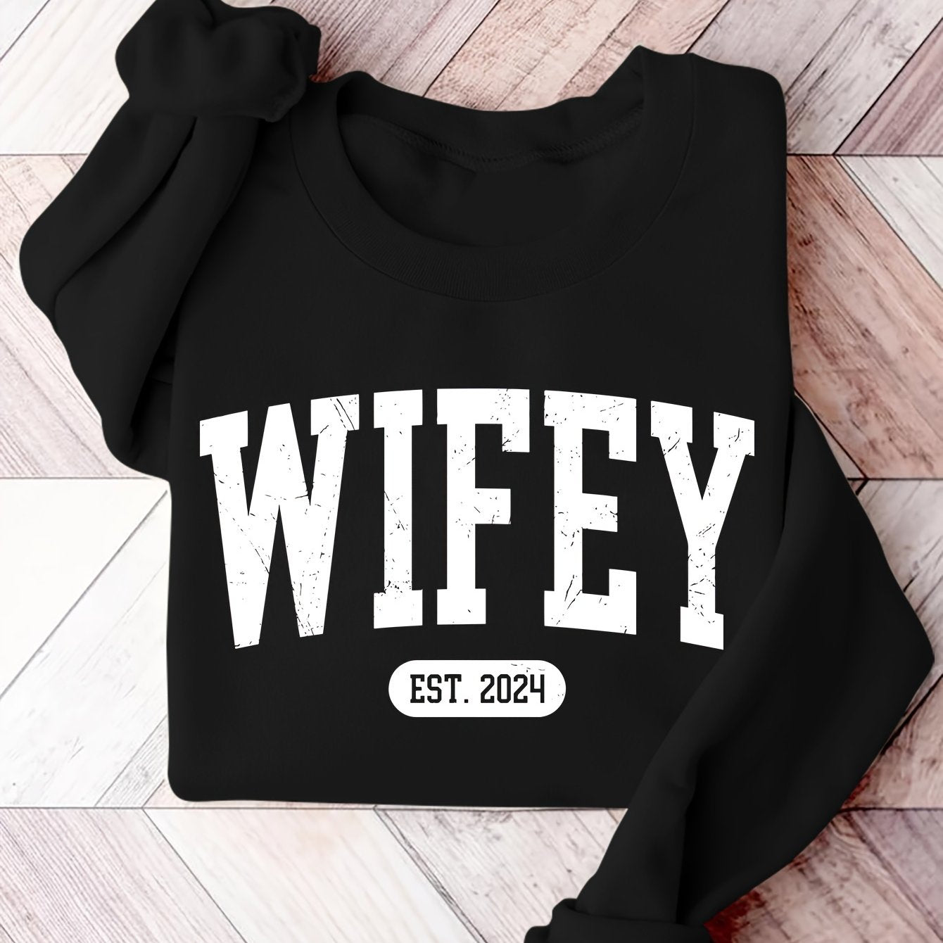 Cozy Wifey Print Pullover Sweatshirt - Soft Mid-Elasticity Polyester Crew Neck Casual Long Sleeve Top for Fall & Winter - Machine Washable, Alphabets Pattern, Knit Fabric, Perfect for Womens Everyday Wear