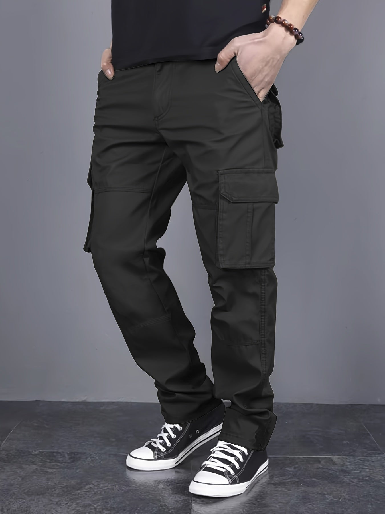 Mens Loose Fit Solid Color Cargo Pants - Multi-Pocket Drawstring Trousers for Weekend Casual - Polyester, Non-Stretch, Mid Waist, Regular Length, Hand Washable