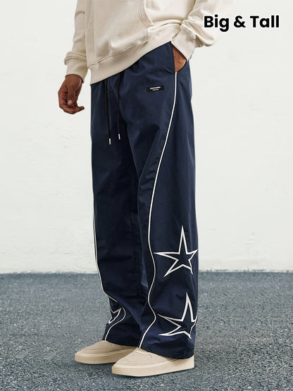 Stylish Loose Fit Wide Leg Drawstring Pants for Men - Comfortable Star Pattern Embroidery, Fashionable Relaxed Fit, Soft Fabric, Versatile Casual Wear - Perfect for Daily Life, Travel, and Outdoor Activities