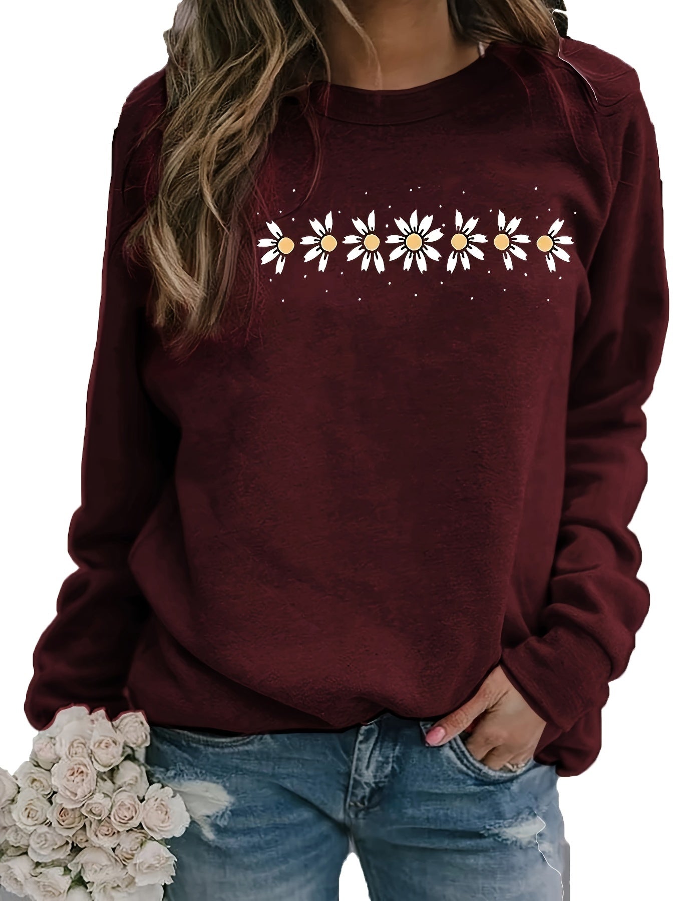 Long Sleeve Crew Neck Floral Print Casual Sweatshirt - Soft Cotton, Slight Stretch, Micro Elasticity, Raglan Sleeve - Perfect for Daily Wear in Spring, Summer, and Fall