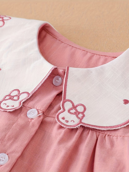 KUYIXIONG Girls Cute & Casual Long Sleeve Ruffle Trim Rabbit Stitched Doll Collar Button Up Cotton Shirt Top For Spring & Fall