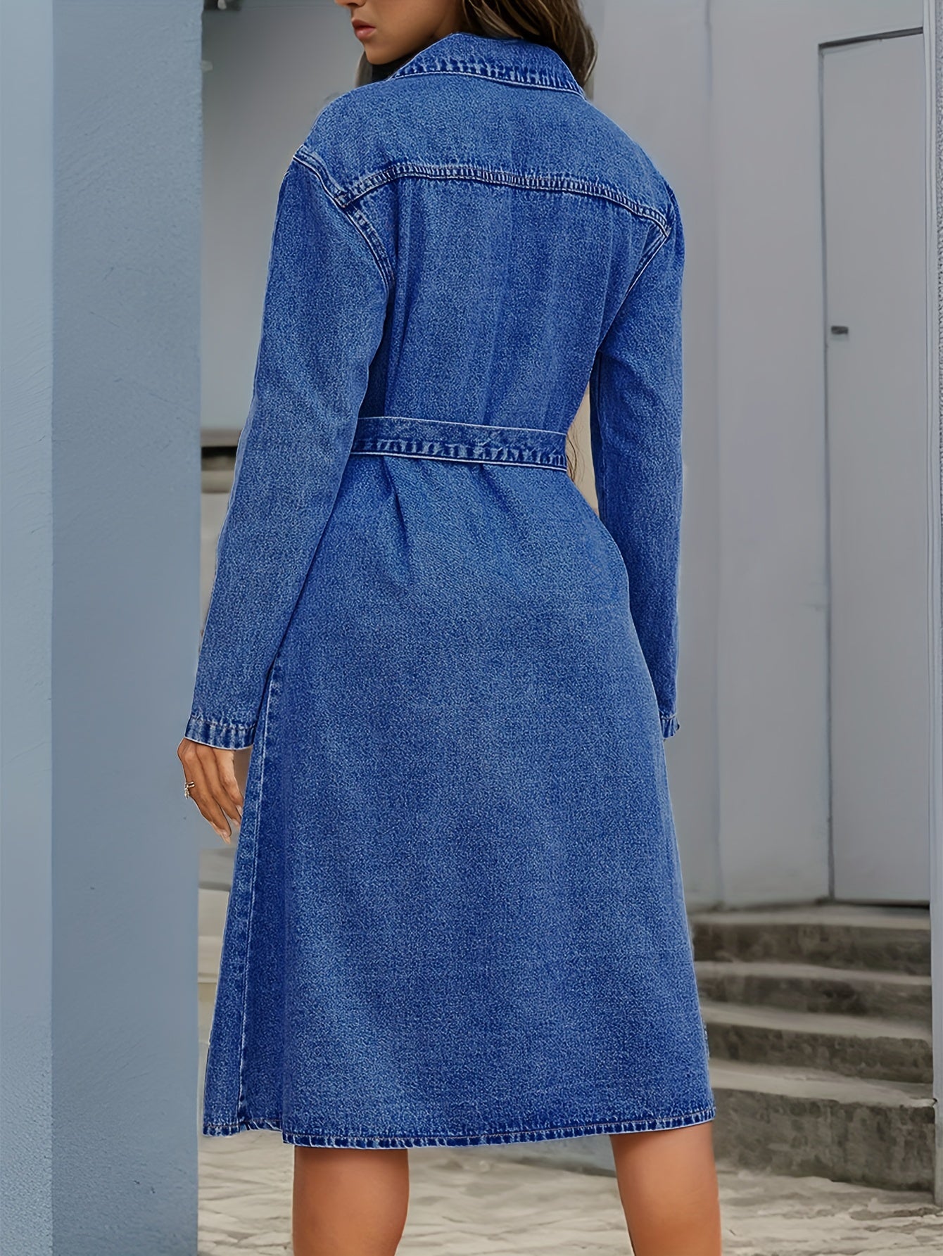 Trendy Blue Denim Dress with Full-Length Sleeves, Fashion-Forward Lapel, Pockets & Waistband - A Chic Single Breasted Button-down Style for Women