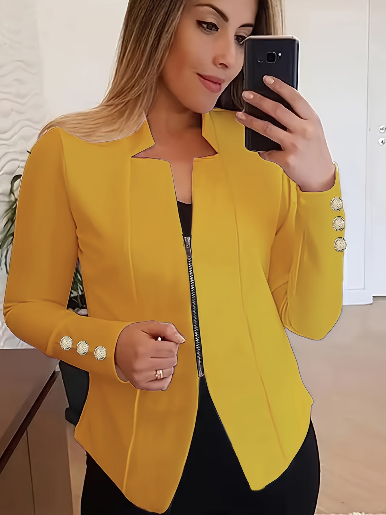 Fashionable Womens Solid Zip-Up Jacket with Button Detail - Comfy Long Sleeves, Casual Style - Premium Clothing Wardrobe Staple