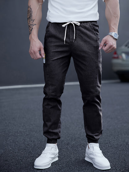 Men's Casual Tapered Jeans with Adjustable Drawstring Waist for Comfortable Street Style