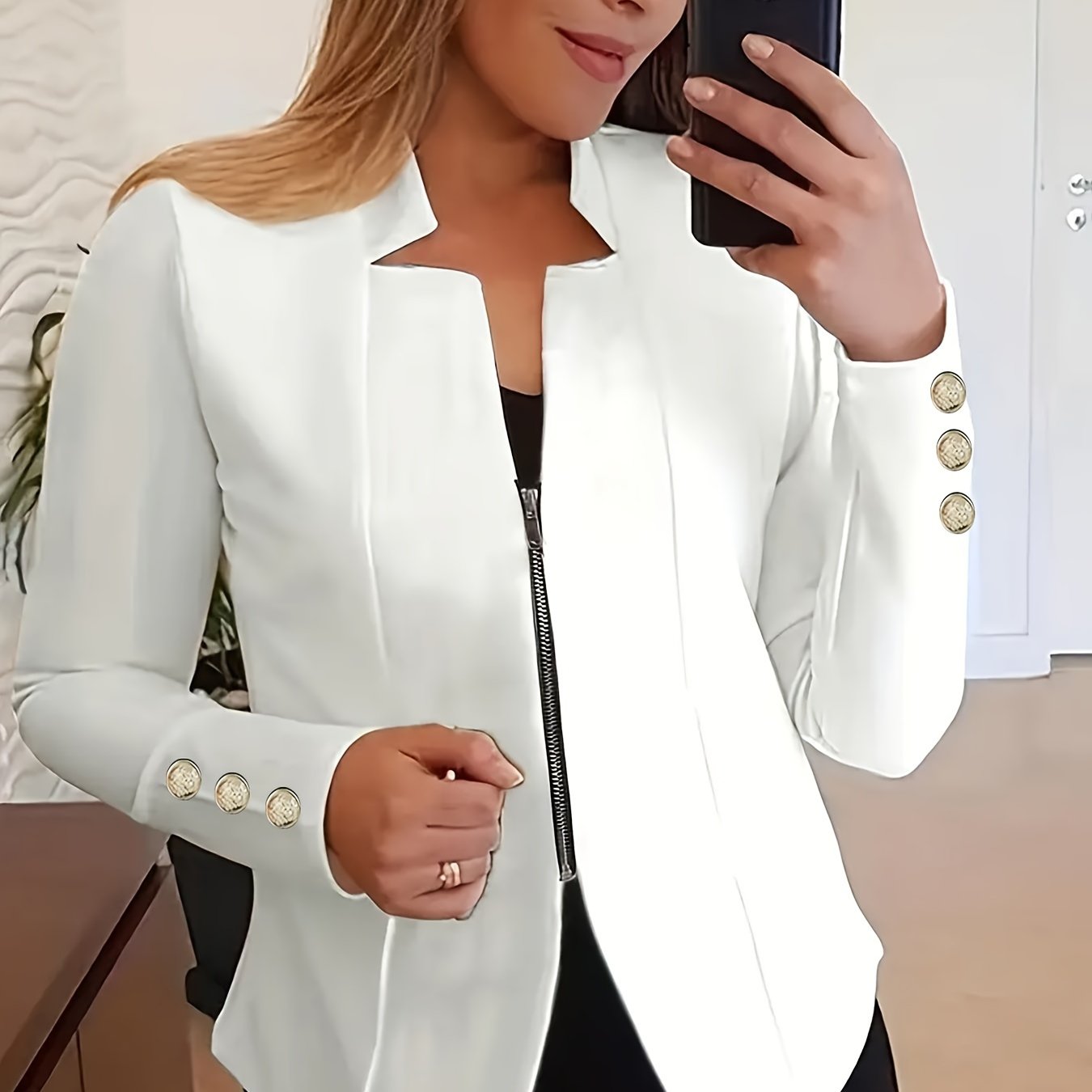 Fashionable Womens Solid Zip-Up Jacket with Button Detail - Comfy Long Sleeves, Casual Style - Premium Clothing Wardrobe Staple