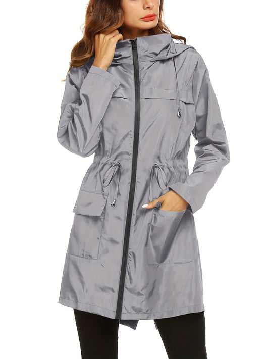 Waterproof Lightweight Long Sleeve Hooded Rain Jacket for Women - Zipper Closure, Non-Stretch Solid Color Fabric, Casual Style with Multiple Pockets, Packable and Portable, Ideal for Outdoor Activities