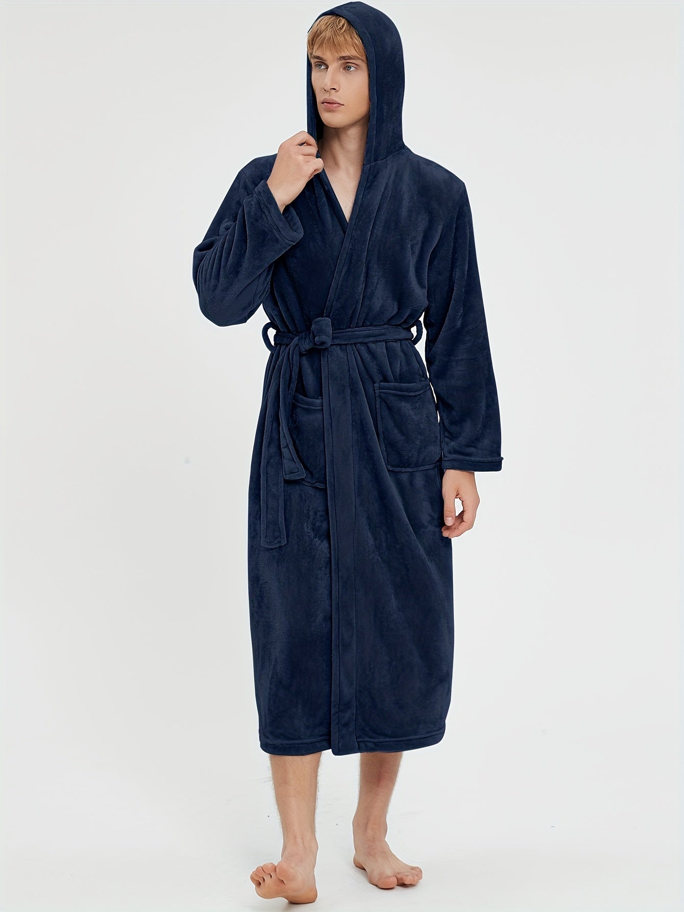 Ultra-Soft Men's Fleece Robe - Comfy Hooded Pajamas with Pocket, Hair Dry Hat, and Kimono Design for Cozy Nightwear After Bath or Lounging at Home