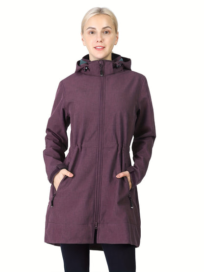 Waterproof Fleece Lined Long Rain Jacket - Windproof, Warm, Adjustable Waist Drawcord, Hooded, Breathable, and Packable - Women's Winter Outdoor Clothing for Hiking, Camping, and Daily Use