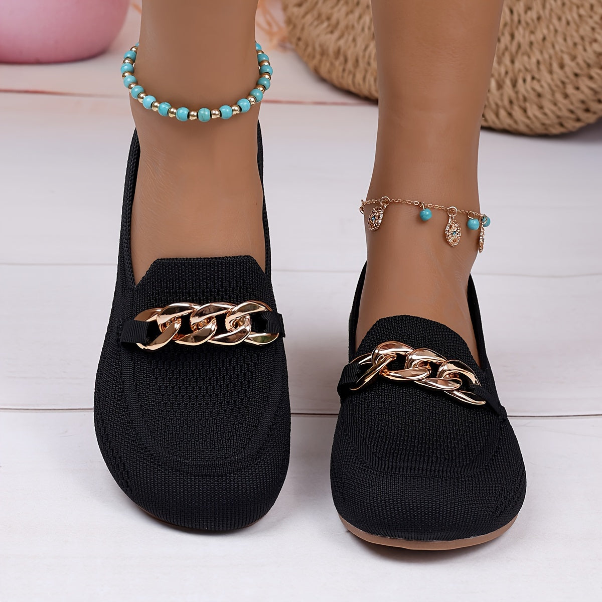 Women's Solid Color Knitted Flats, Metallic Chain Decor Soft Sole Walking Shoes, Breathable Daily Footwear